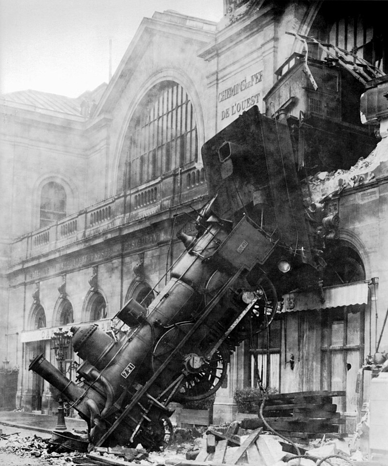 Train wreck at Montparnasse Station, Paris, France, 1895.