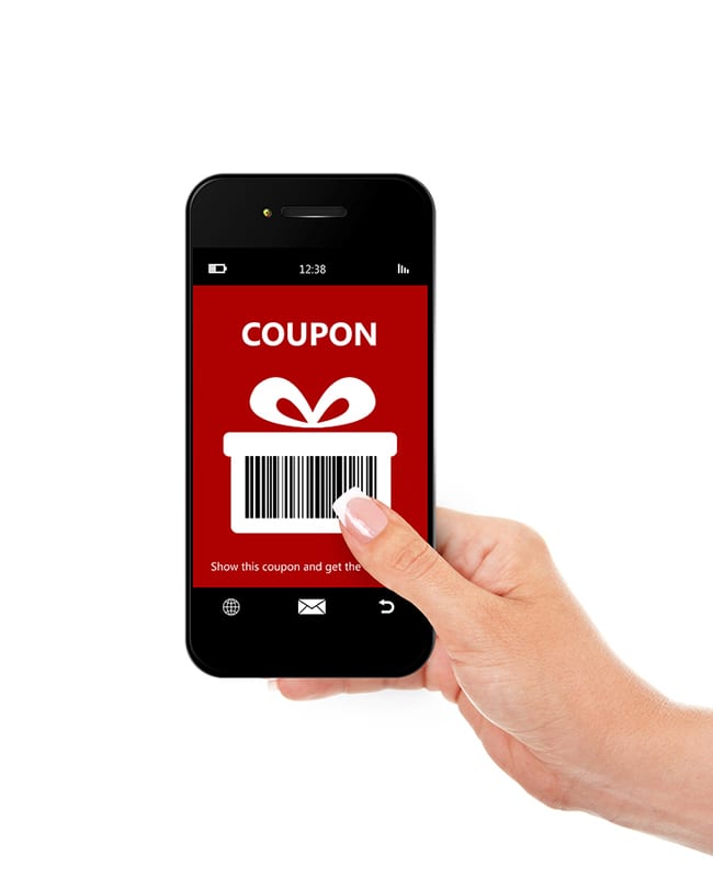 Mobile phone displaying a discount coupon